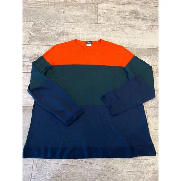 AKRIS Color Block Knit Sweater Orange Green Navy Cashmere Mulberry Silk Size 14